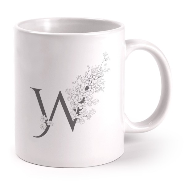 Buchstaben-Tasse W mit Blumen - grau