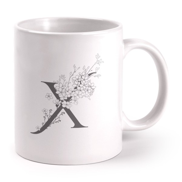 Buchstaben-Tasse X mit Blumen - grau