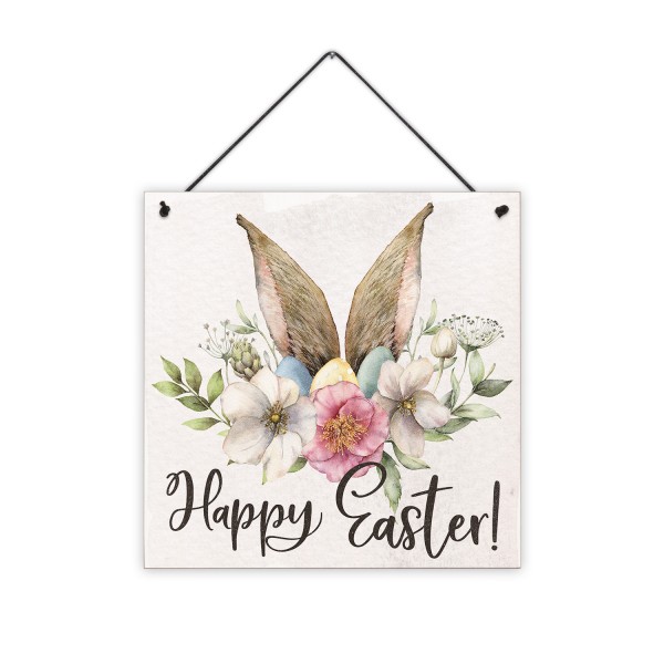 Happy Easter mit Hasenohren & Blumen - 20 x 20 cm Holzschild 8 mm
