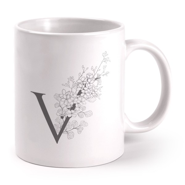Buchstaben-Tasse V mit Blumen - grau